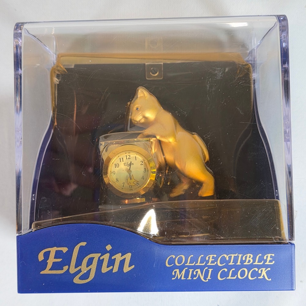 Elgin‎ Quartz Gold Cat Figurine Fishbowl Collectible Mini Clock Display Case